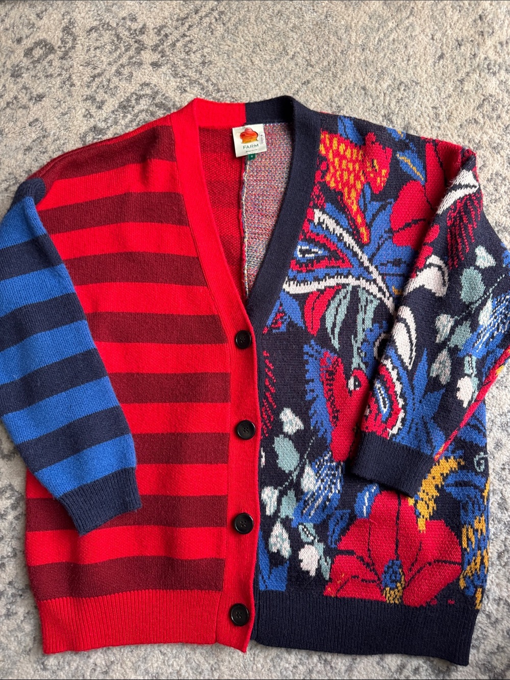 FARM Rio Forest Red, Navy & Blue Mixed-Pattern Knit Cardigan Sweater - Picture 2 of 4
